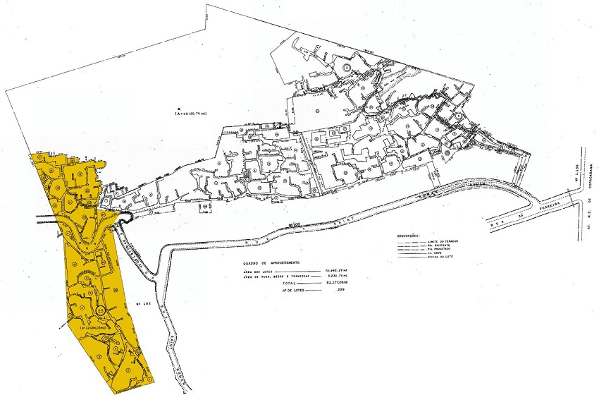 Montagem das plantas do projeto Cada Fam&iacute;lia um Lote na regi&atilde;o do complexo de favelas Cantagalo Pav&atilde;o-Pav&atilde;ozinho, com destaque para a favela do Cantagalo em amarelo. Figure 8. Plant composition of the &ldquo;One Plot for Each Family&rdquo; project in the Cantagalo, Pav&atilde;o-Pav&atilde;ozinho slum complex, highlighting the Cantagalo slum in yellow.