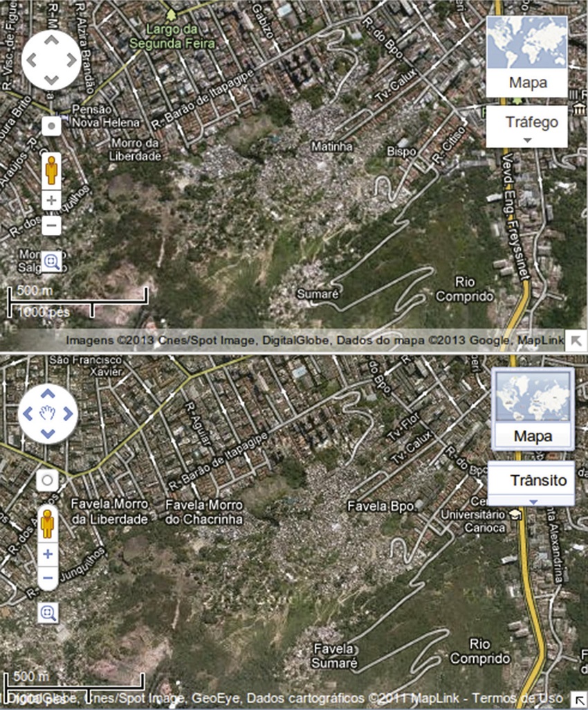 Compara&ccedil;&atilde;o da regi&atilde;o do Rio Comprido em 2011 e 2013, regi&atilde;o central do Rio de Janeiro. Figure 10. Comparison of the Rio Comprido region in 2011 and 2013, Rio de Janeiro&rsquo;s central region.