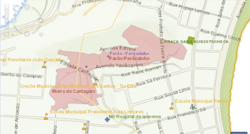 Trecho do mapa da Sabren onde ficam localizadas as favelas Cantagalo e Pav&atilde;o-Pav&atilde;ozinho. Figure 12. Part of Sabren&rsquo;s map where the Cantagalo and Pav&atilde;o-Pav&atilde;ozinho slums are located.