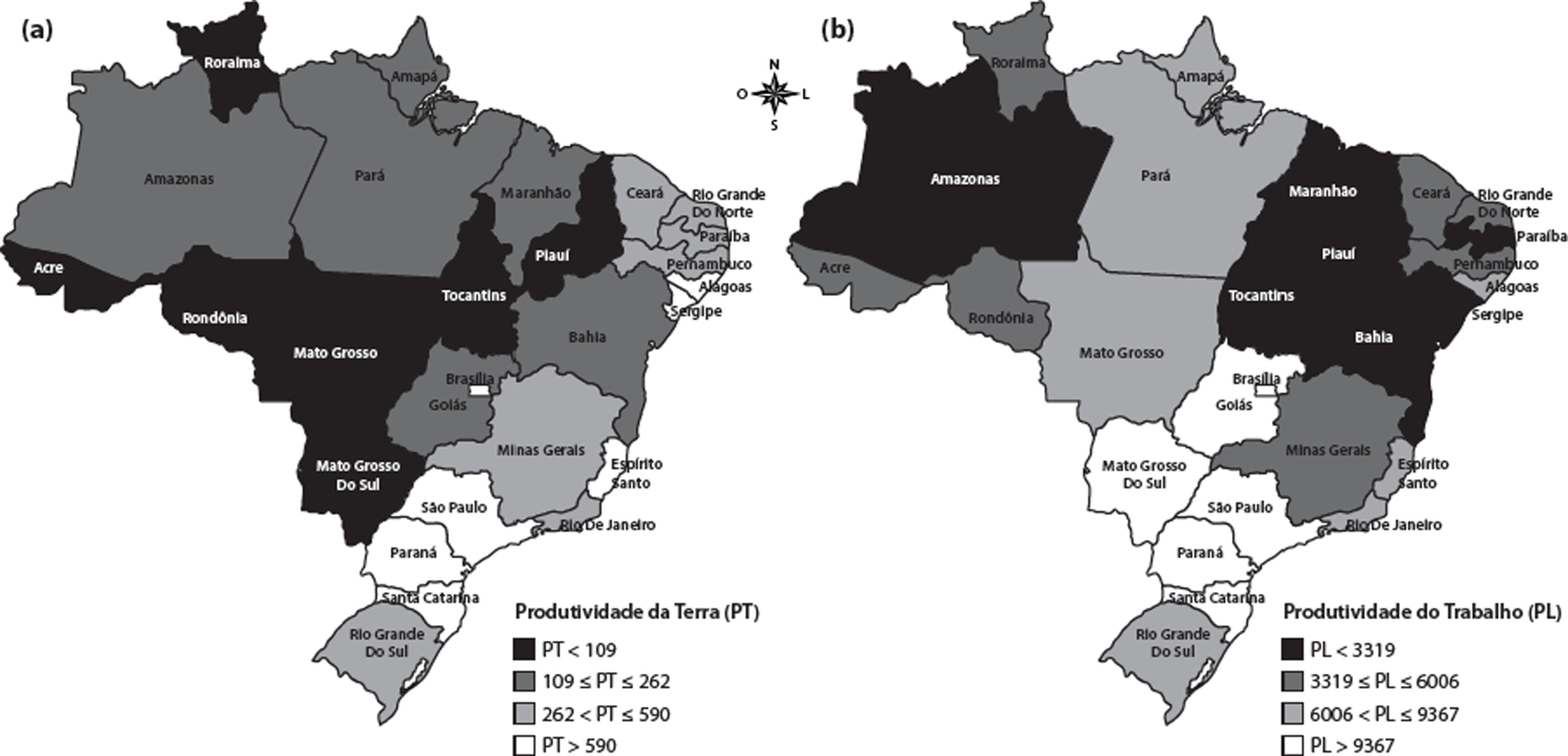 Produtividade m&eacute;dia da terra (a) e do trabalho (b) 2006