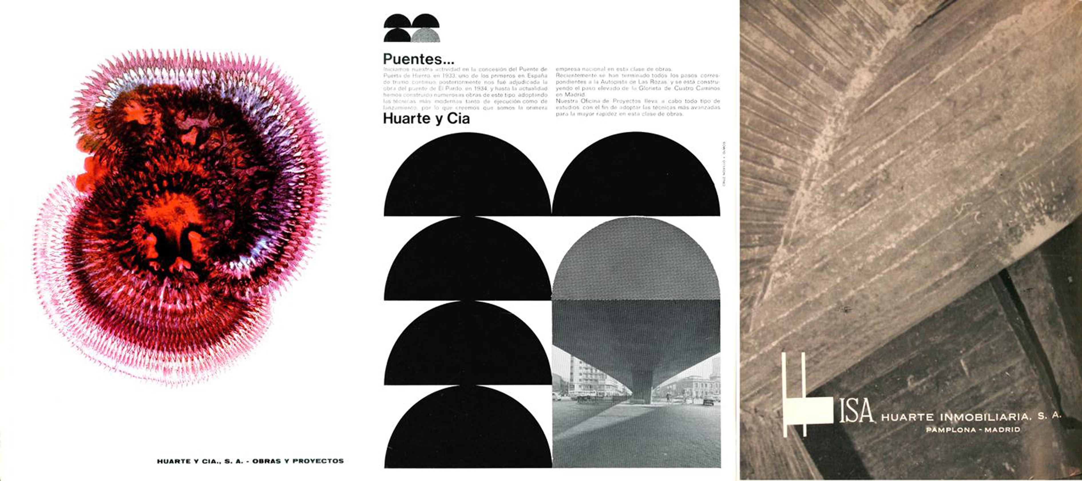 Publicidad de empresas de la familia Huarte publicados en la revista Nueva Forma. (Izquierda) Huarte y Cía S.A. Obras y Proyectos, en Nueva Forma 30-31, de julio-agosto de 1968, (Centro) Huarte y Cía. Puentes, en Nueva Forma 48, de enero de 1970. (Derecha) HISA. Huarte Inmobiliaria S.A., en Nueva Forma 86, de marzo de 1973.