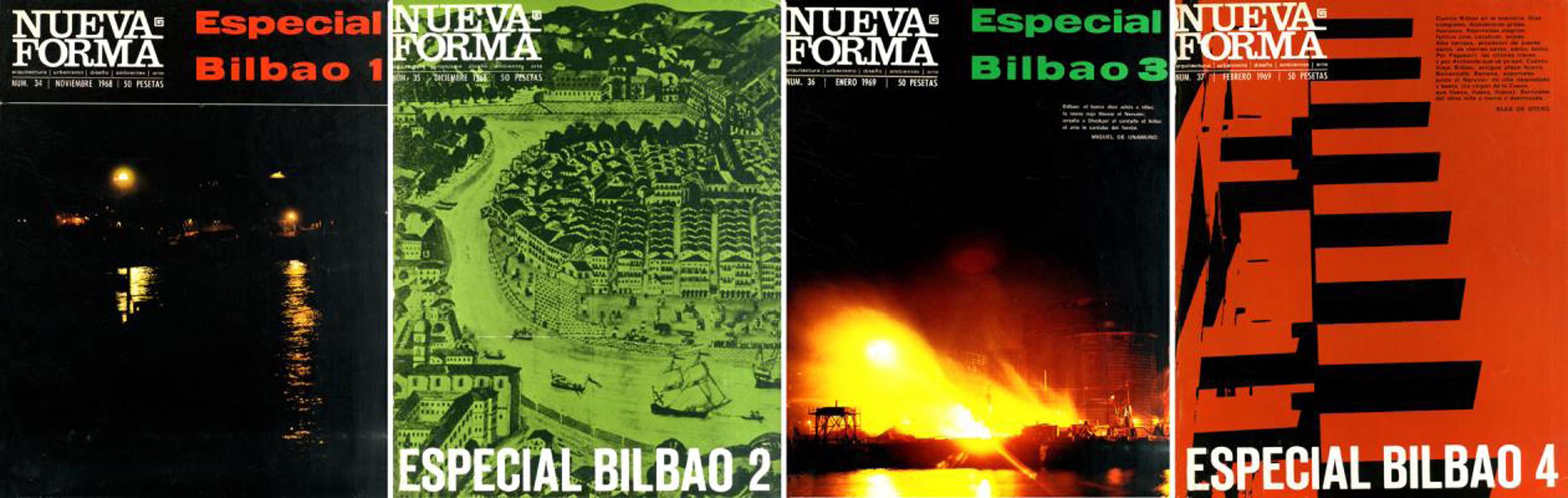 Portadas de los números 34, 35, 36 y 37 de Nueva Forma dedicados a estudiar la cultura arquitectónica de la ciudad de Bilbao.