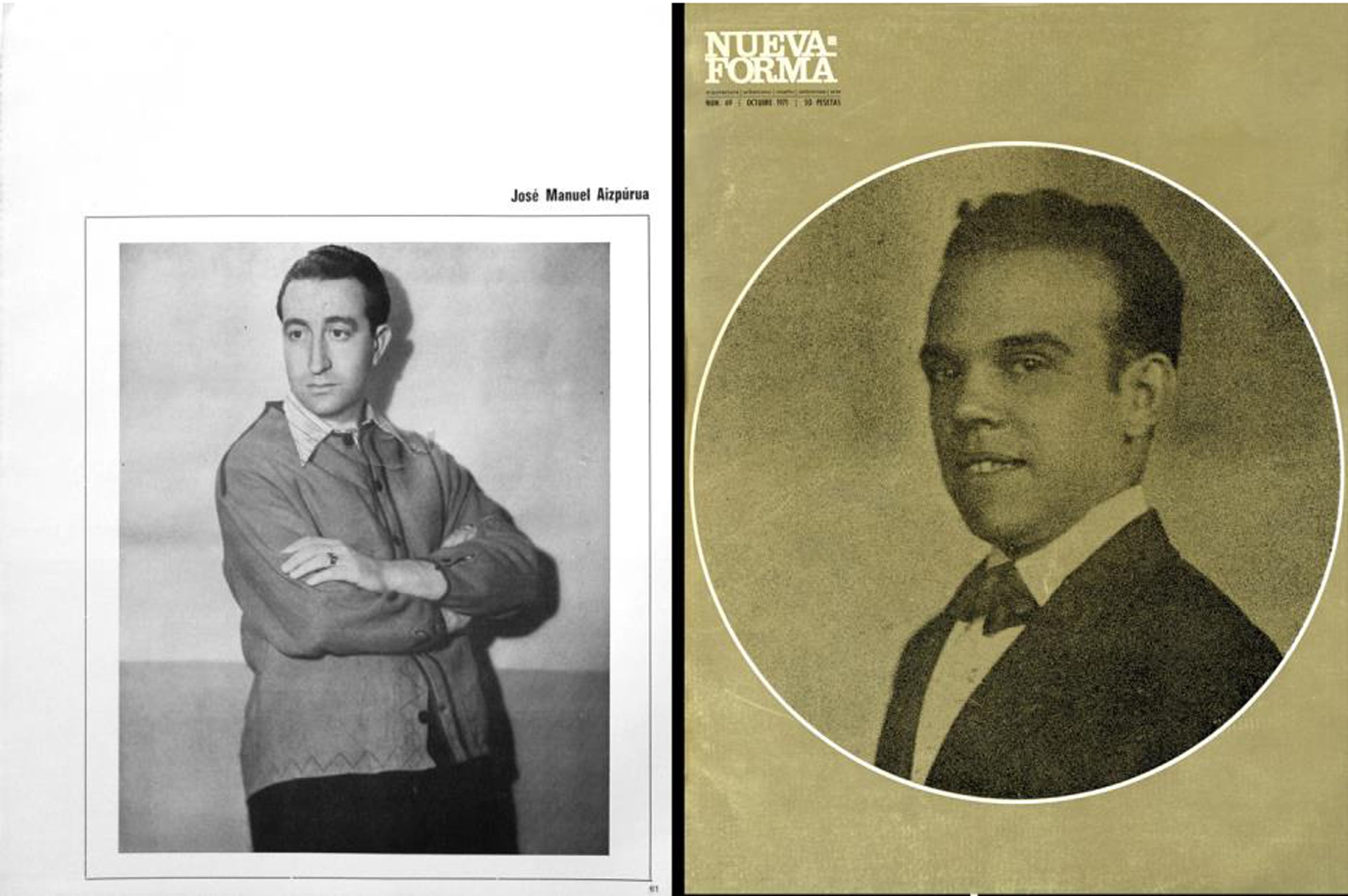 Retratos de arquitectos publicados en la revista Nueva Forma. (Izquierda) José Manuel Aizpurúa, en Nueva Forma 40, de mayo de 1969. (Derecha) Fernando García Mercadal, en Nueva Forma 69, de octubre de 1971, portada.