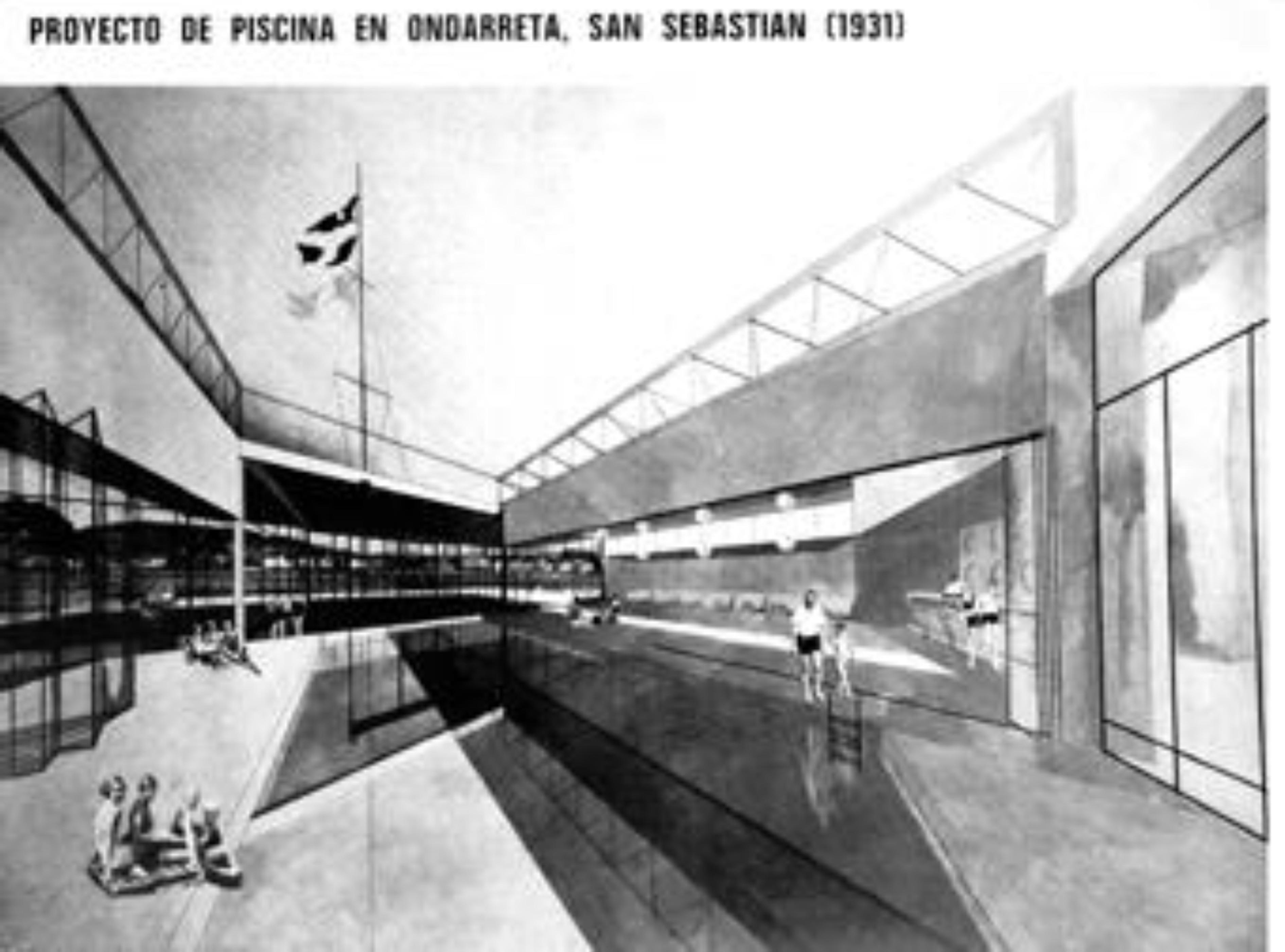 Fotomontaje de José Manuel Aizpurúa para una piscina en Ondarreta (1931, San Sebastián) publicado en el número 40 de la revista Nueva Forma (Aizpurúa, 1969a)