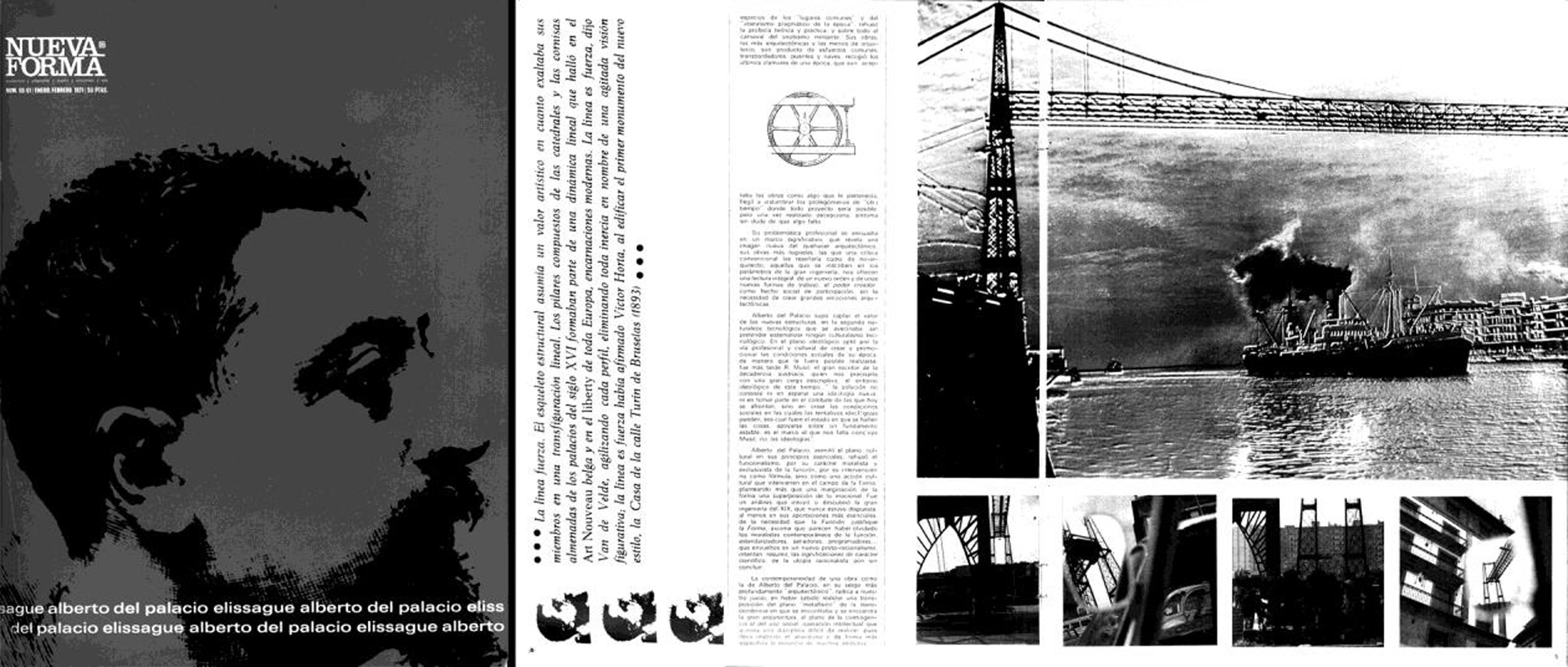 Portada y páginas interiores del número 60-61 de la revista Nueva Forma dedicado a la trayectoria de Alberto del Palacio con imágenes del puente transbordador de Bizkaia (Fernández Alba, 1971, p. 3-4.)