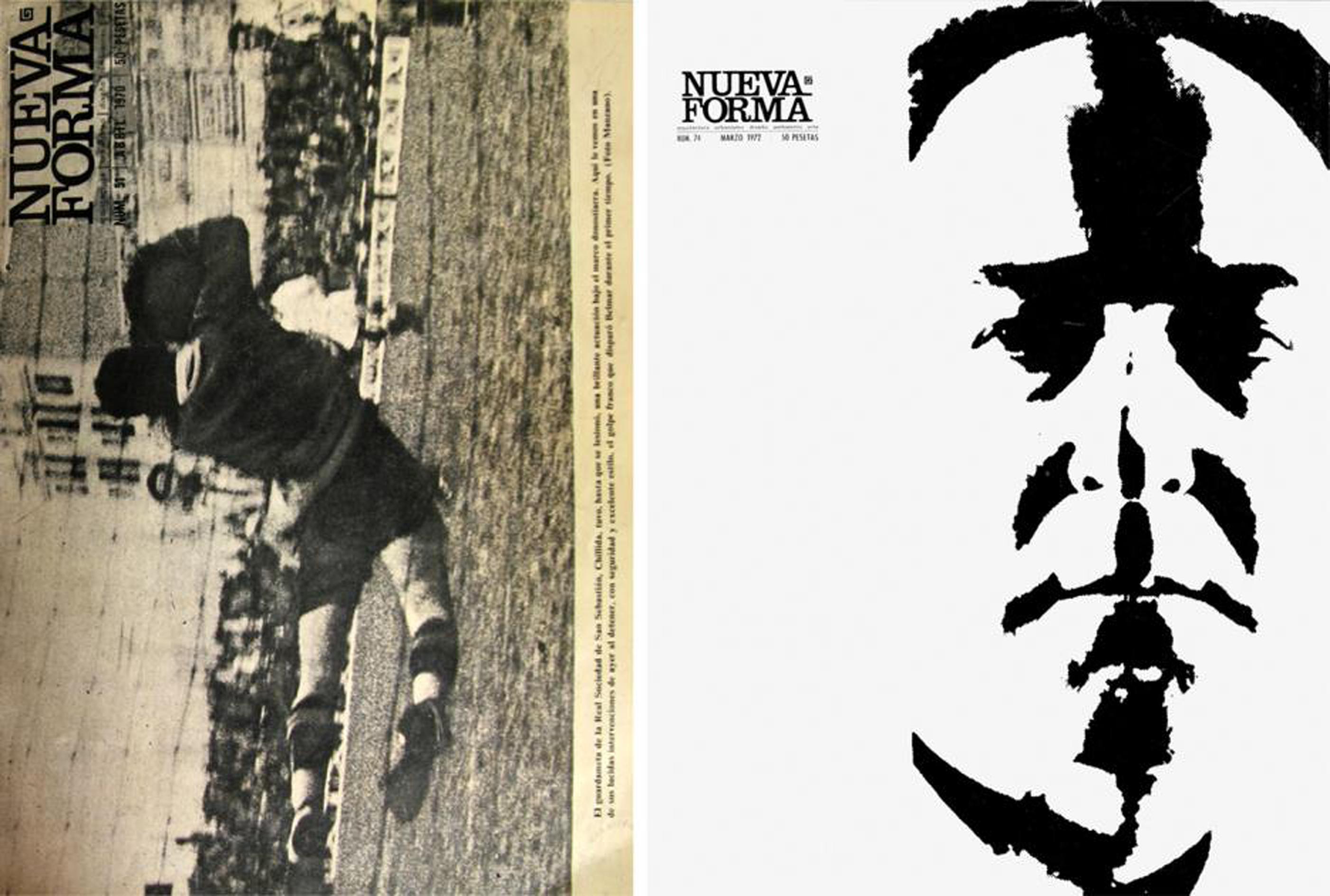 (Izquierda) Portada del número 51 de Nueva Forma, de abril de 1970, con imagen del escultor vasco Eduardo Chillida como portero del equipo de fútbol de la Real Sociedad. (Derecha) Portada del número 74 de Nueva Forma, de marzo de 1972, dedicado al artista vasco Néstor Basterretxea.