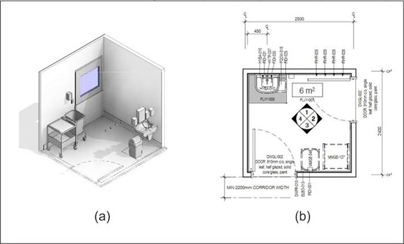 Perspectiva (a) e planta baixa (b) de antessala (30).