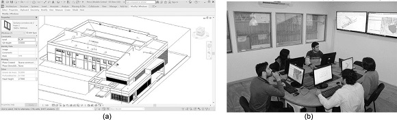 Modelo de Informaci&oacute;n de Edificio (a) y Sala de trabajo (b).