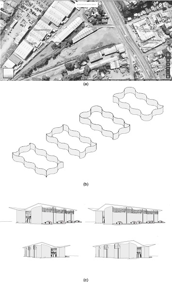 Foto a&eacute;rea del sitio (a) ( 29 ), modelos de muros impresos (b) y modelo seleccionado con variaciones (c)