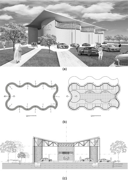 Im&aacute;gen del proyecto desarrollado (a), plantas (b) y corte (c).