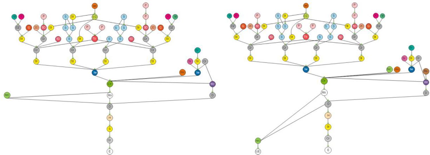 : Justified plan graph of Behnam house: a) original state (Left), b) reused state (Right)