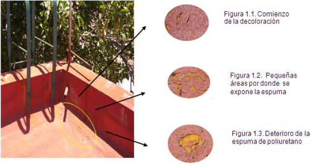 Decoloraci&oacute;n y disgregaci&oacute;n de la membrana en la uni&oacute;n entre la losa y el pretil.  Obra. Facultad Arte de los Medios de Comunicaci&oacute;n Audiovisual.