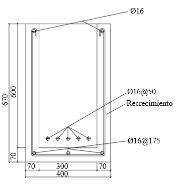 Secci�n transversal de la viga recrecida con hormig�n armado.
