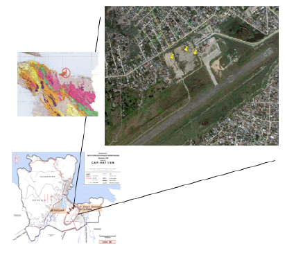 Ubicaci&oacute;n del aeropuerto internacional de Cabo Haitiano. Localizaci&oacute;n de las perforaciones S1, S2 y S3.