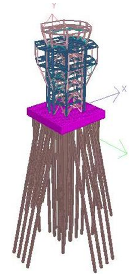 Modelo de la torre de control con los pilotes exteriores inclinados.