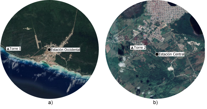 �rea alrededor de la estaci�n en un radio de 3 km y ubicaci�n de torres de medici�n, a) Estaci�n de la regi�n Occidental, Torre 1, b) Estaci�n de la regi�n Central, Torre 2.
