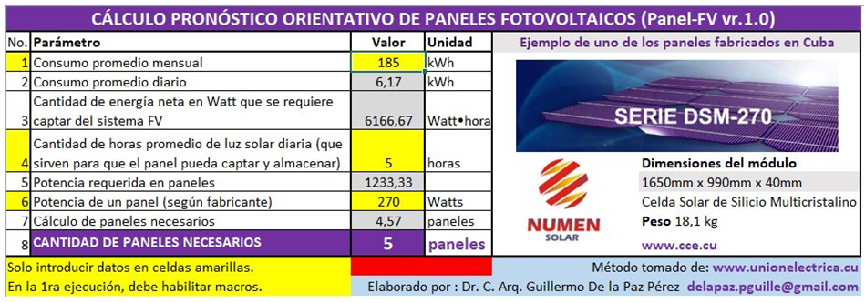 Ambiente principal de la aplicacin Excel “Panel-FV vr.1.0” para estimar la cantidad de paneles fotovoltaicos.