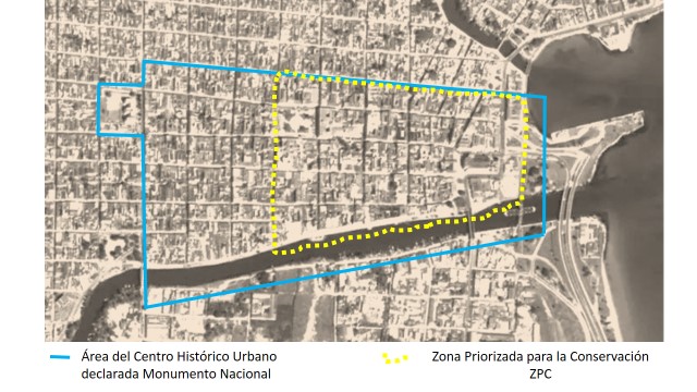 Delimitacin del rea del Centro Histrico Urbano declarada Monumento Nacional y su ZPC.