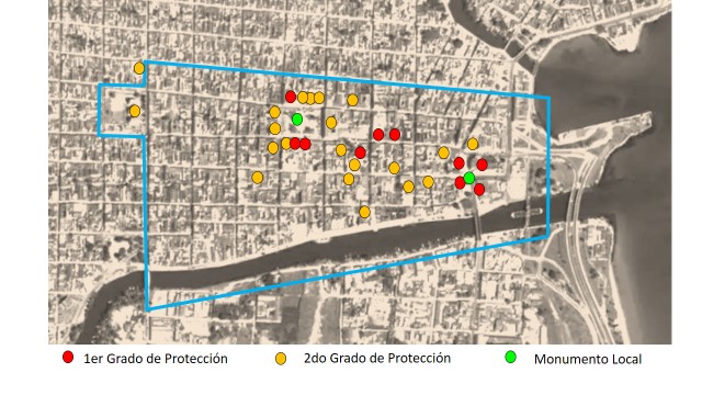 Ubicacin de inmuebles con 1er y 2do Grado de Proteccin y plazas declaradas Monumento Local.