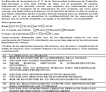 Cuestionario presentado a los usuarios, aspectos urbanos.