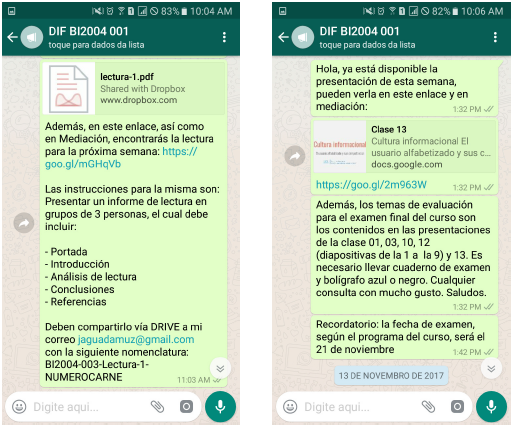 Captura de pantalla con envío de instrucciones, tareas y pruebas escritas