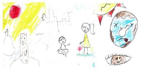 Tres dibujos del cambio climático. De izquierda a derecha estudiantes 6.12, 6.22 y 6.30