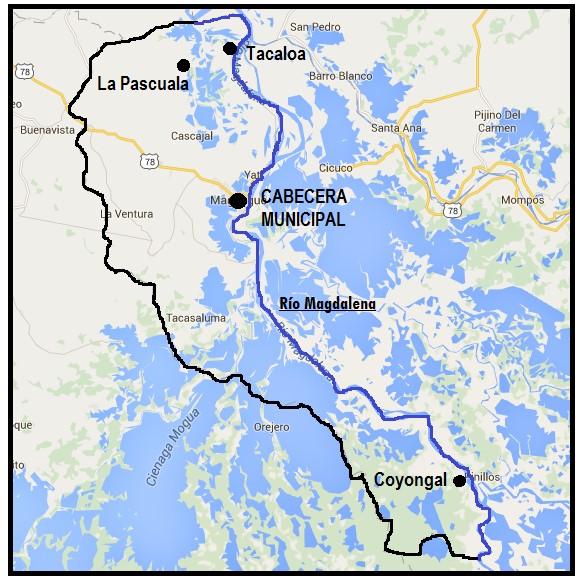 Ubicaci&oacute;n de La Pascual, Tacaloa y Coyongal en el municipio de Magangu&eacute;