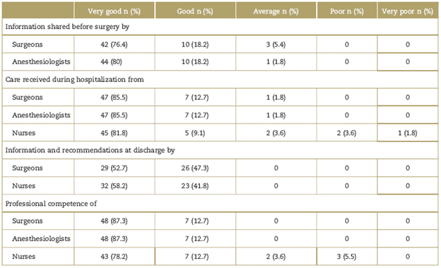 Survey results (information, care, and professional competence)