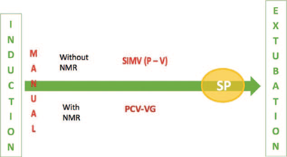 Ventilation modes suggested in children. NMR=neuromuscular relaxant; PCV-VG=pressure controlled ventilation with volume guaranteed; SIMV (P-V)=synchronized intermittent mandatory ventilation (pressure controlled-volume controlled); SP=support pressure.