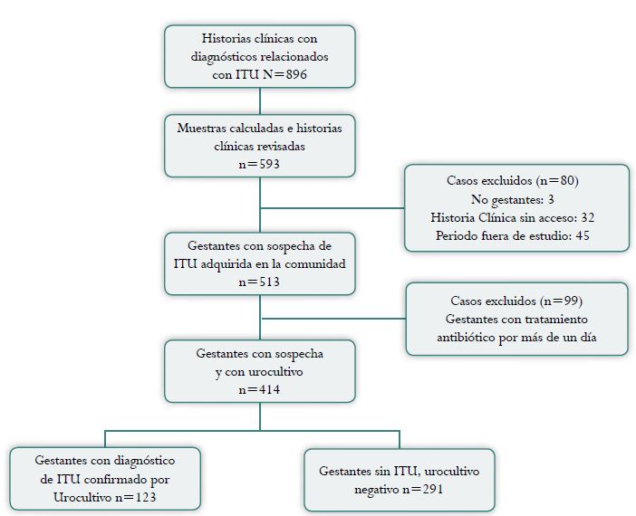 Flujograma de las pacientes incluidas en el estudio de infecciones del tracto urinario en mujeres gestantes de una clínica de tercer nivel de complejidad, Medellín, Colombia, 2013-2015