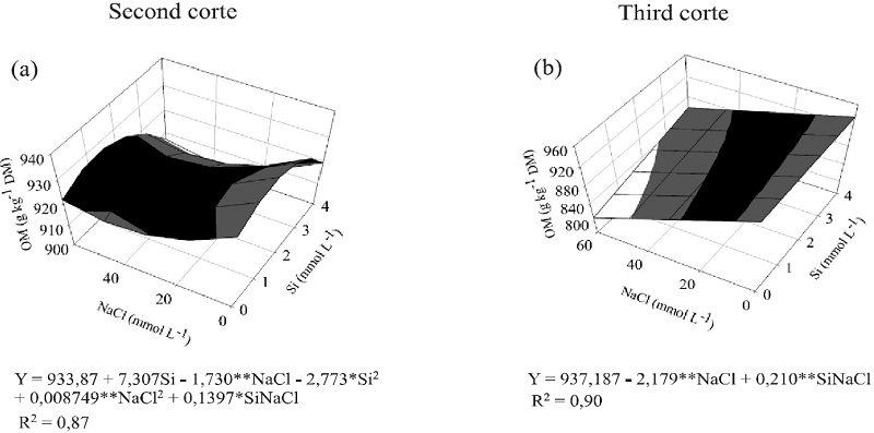 Organic matter (a, b), mineral matter (c, d) and crude protein
								(e) in the aerial part of Brachiaria brizantha
								&lsquo;MG5&rsquo; under concentrations of Si and NaCl in the nutrient solution
								for the second and third cuts