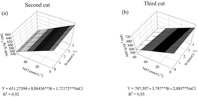 Neutral detergent fibre (a, b), acid detergent fibre (c, d), and
								acid detergent insoluble protein (e) in the aerial part of
									Brachiaria brizantha &lsquo;MG5&rsquo; for concentrations
								of Si and NaCl in the nutrient solution for the second and third
								cuts