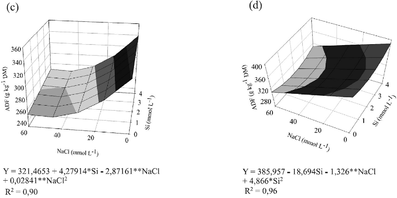 Neutral detergent fibre (a, b), acid detergent fibre (c, d), and
								acid detergent insoluble protein (e) in the aerial part of
									Brachiaria brizantha &lsquo;MG5&rsquo; for concentrations
								of Si and NaCl in the nutrient solution for the second and third
								cuts