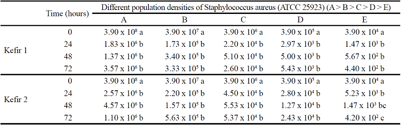 Staphylococcus aureus counts (ATCC 25923) after
							in situ confrontation with two formulations of
						fermented kefir milk, expressed in CFU/g 