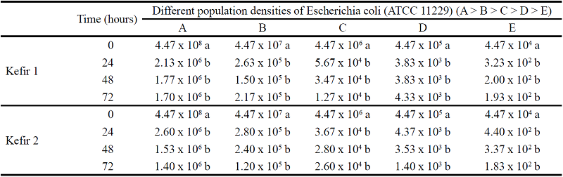 Escherichia coli counts (ATCC 11229) after in
							situ comparison with two formulations of fermented kefir milk,
						expressed in CFU/g 