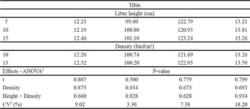 Bone growth and quality in broilers reared at two densities and with
						different coir-litter height