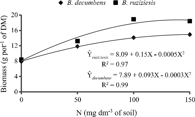 Biomass production of Brachiaria decumbens and
								Brachiaria ruziziensis in response to nitrogen (N)
							doses