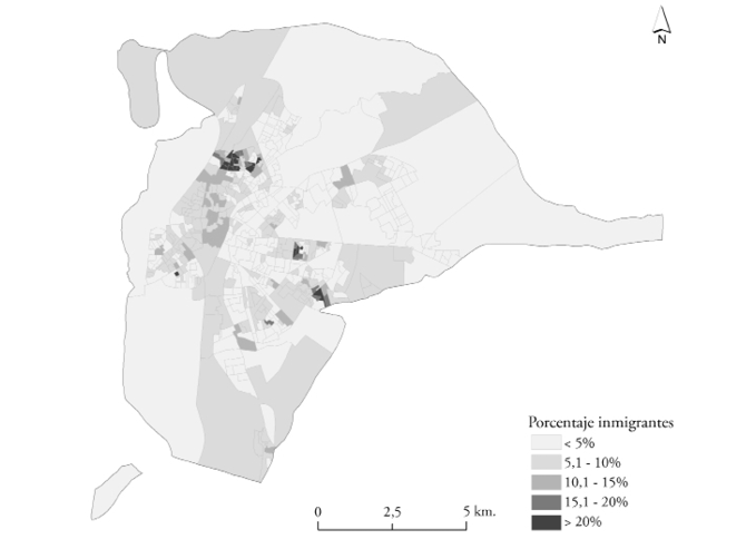Sevilla. Porcentaje de población extranjera por secciones censales, 2011