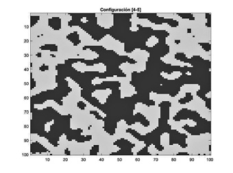 Instantáneas de evoluciones para dos grupos poblacionales. Cada una de las instantáneas representa combinaciones distintas de niveles de tolerancia al otro grupo