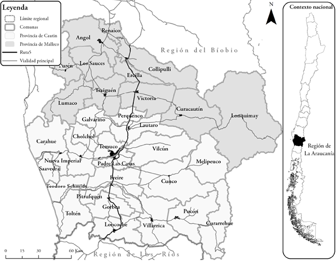 Centros poblados, provincias y comunas de la Región de la Araucanía
