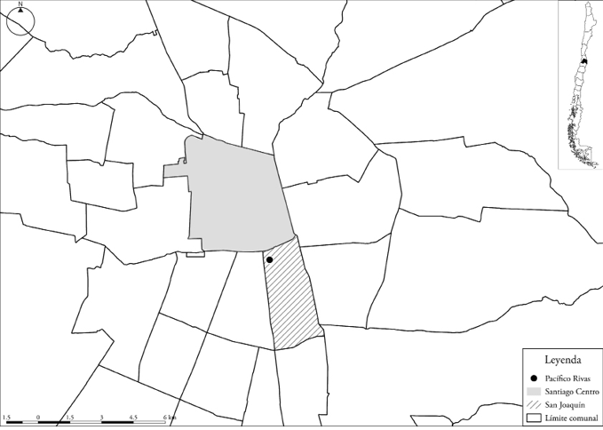 Localización referencial de Pacífico Rivas en relación con el centro de Santiago