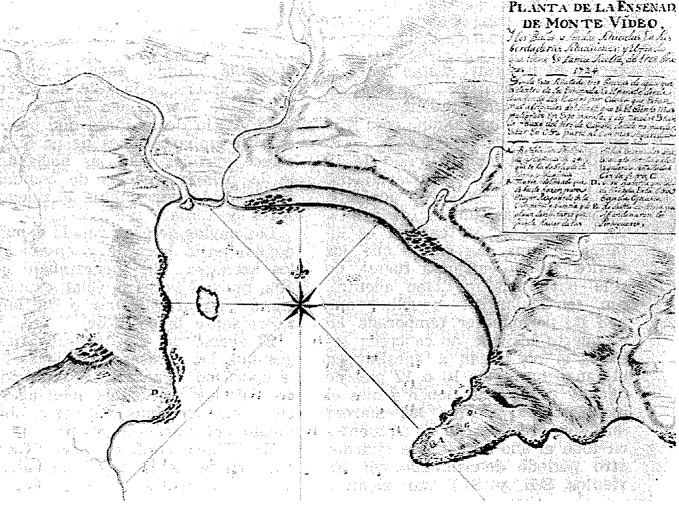 Primer plano de la &ldquo;Ensenada&rdquo; de Montevideo trazado por Domingo Petrarca (1724)