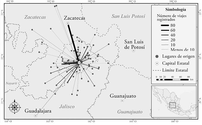 	Lugares de origen e intensidad de flujos de productos agropecuarios conducidos por arrieros a la ciudad de Aguascalientes a finales del siglo xix