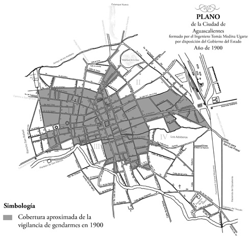 Cobertura de seguridad pública en Aguascalientes hacia 1900.