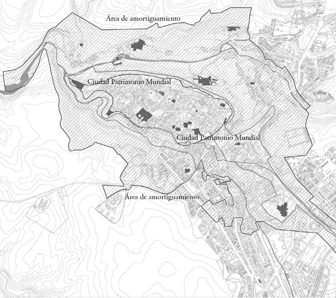 Delimitación del área más cercana al recinto amurallado de la protección de Ciudad Patrimonio de la Humanidad por Unesco y de su Área de amortiguamiento.