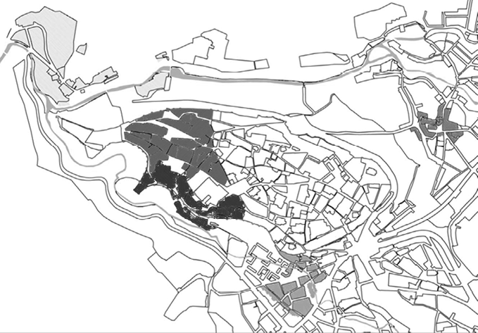 Plano de delimitación de las zonas morfológicas e históricas más importantes, que son espacios con una identidad propia dentro de la estructura urbana de la ciudad. 