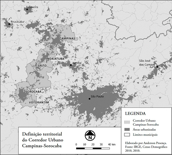 Delimitação territorial do corredor urbano Campinas-Sorocaba