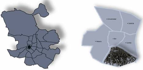 Plano de localización del Barrio Embajadores en contexto con la Comunidad de Madrid y el Distrito Centro.