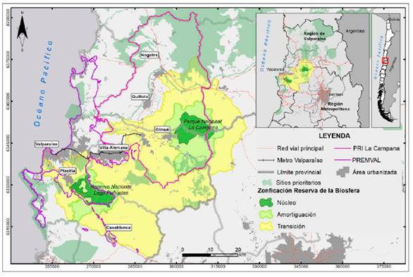 Área de estudio Reserva de la Biosfera en la Macro región Santiago Valparaíso