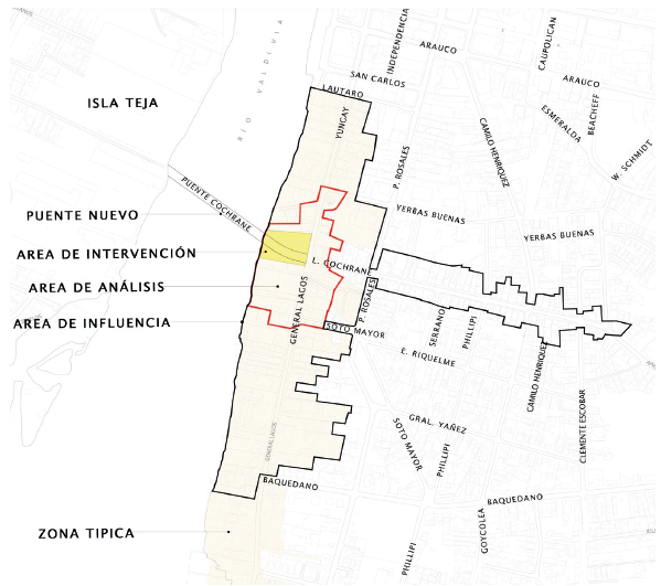 Mapa del caso de estudio entorno al estribo del puente. Se indica el área de intervención directa en la TZ (polígono rojo) y el área de influencia propuesta (polígono negro).